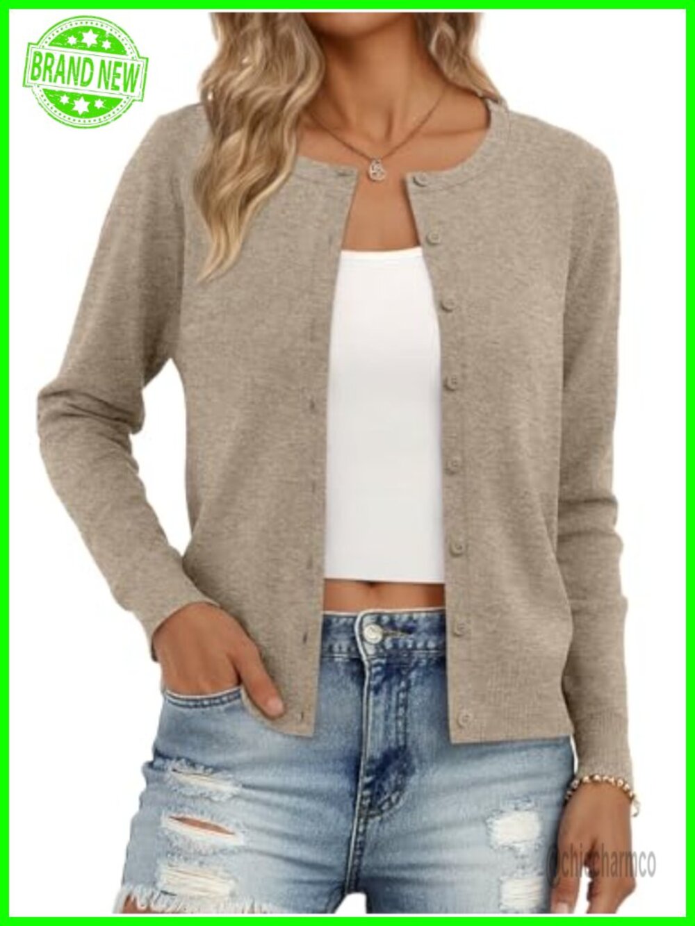 Women's Lightweight Knit Cardigan Button Crew Neck Long Sleeve